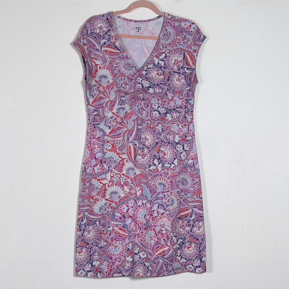 Title‎ Nine Diamalete Dress Women Sz M Multi Floral V-Neck Ruched Cap Sleeve